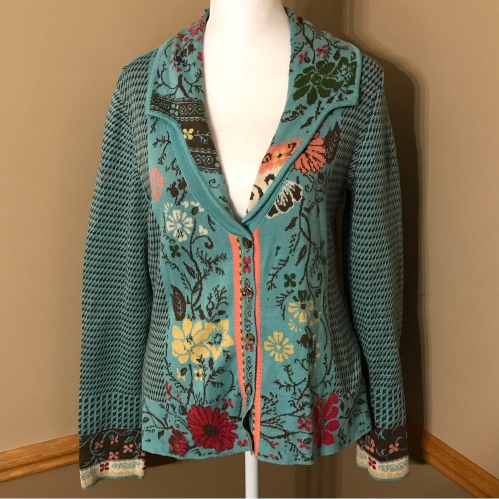 IVKO SWEATER CARDIGAN Size Small 36 Multi Color Floral Check Print Cotton